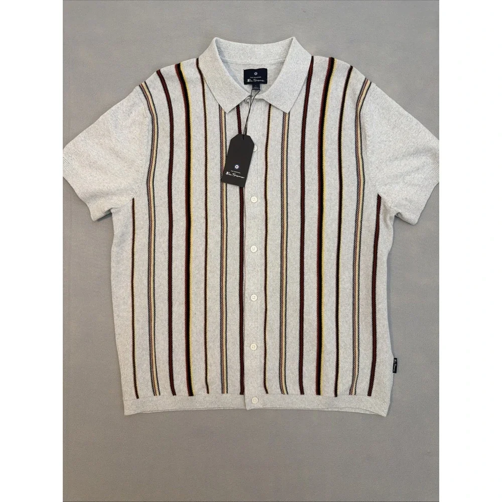 Ben Sherman Shirt Polo Men's Knit Crew Striped Preppy Vintage Button Ivory Sz L